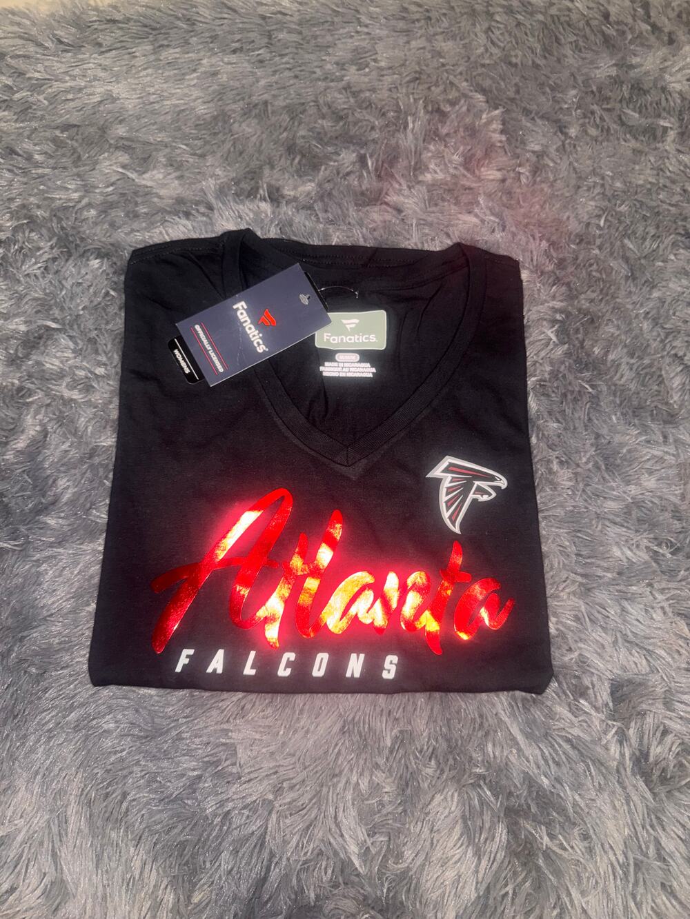 Atlanta Falcons black v-neck short sleeve shiny graphic t-shirt